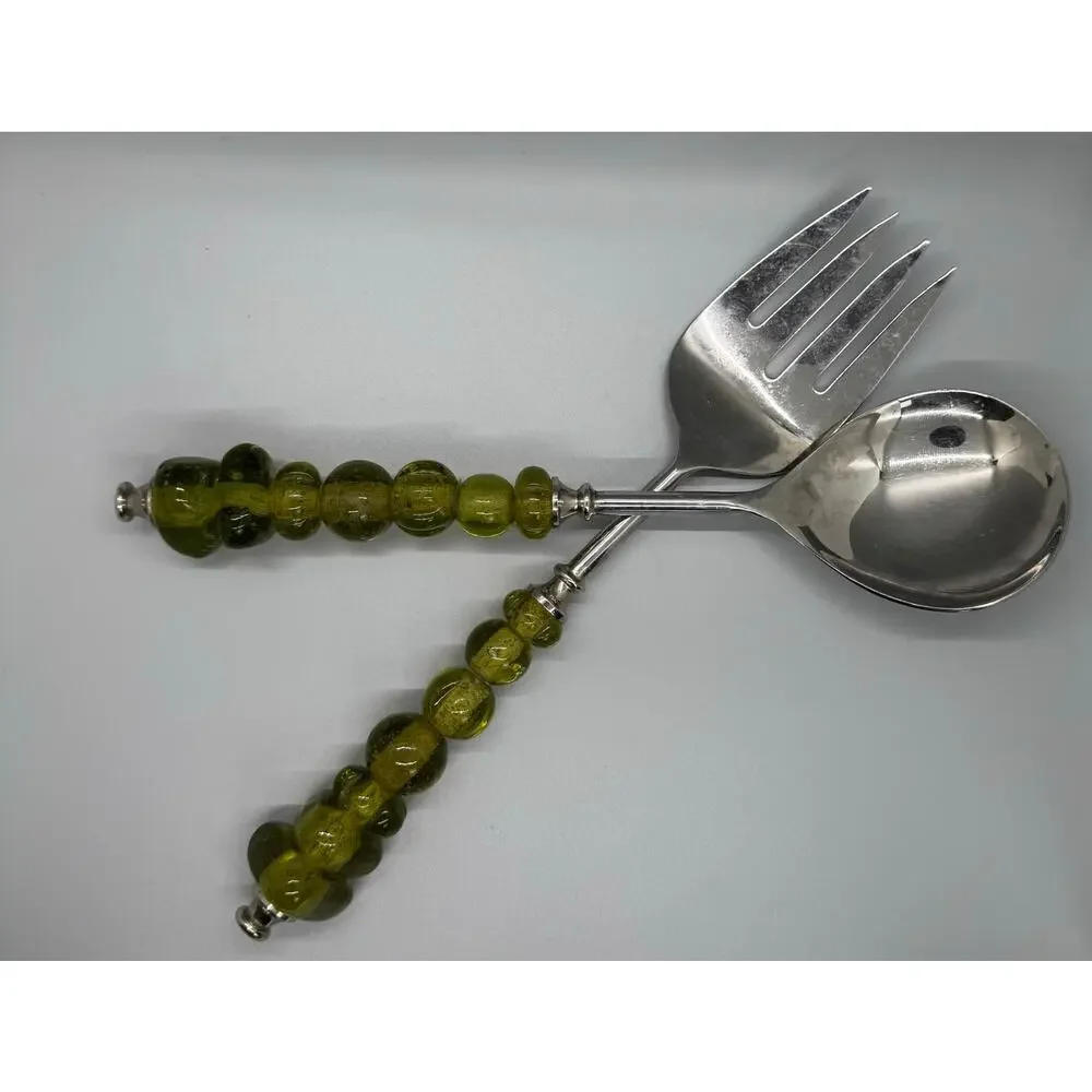 Serving Spoon And Fork Green Amber Color Glass Beaded Handle Set Of 2 Polished